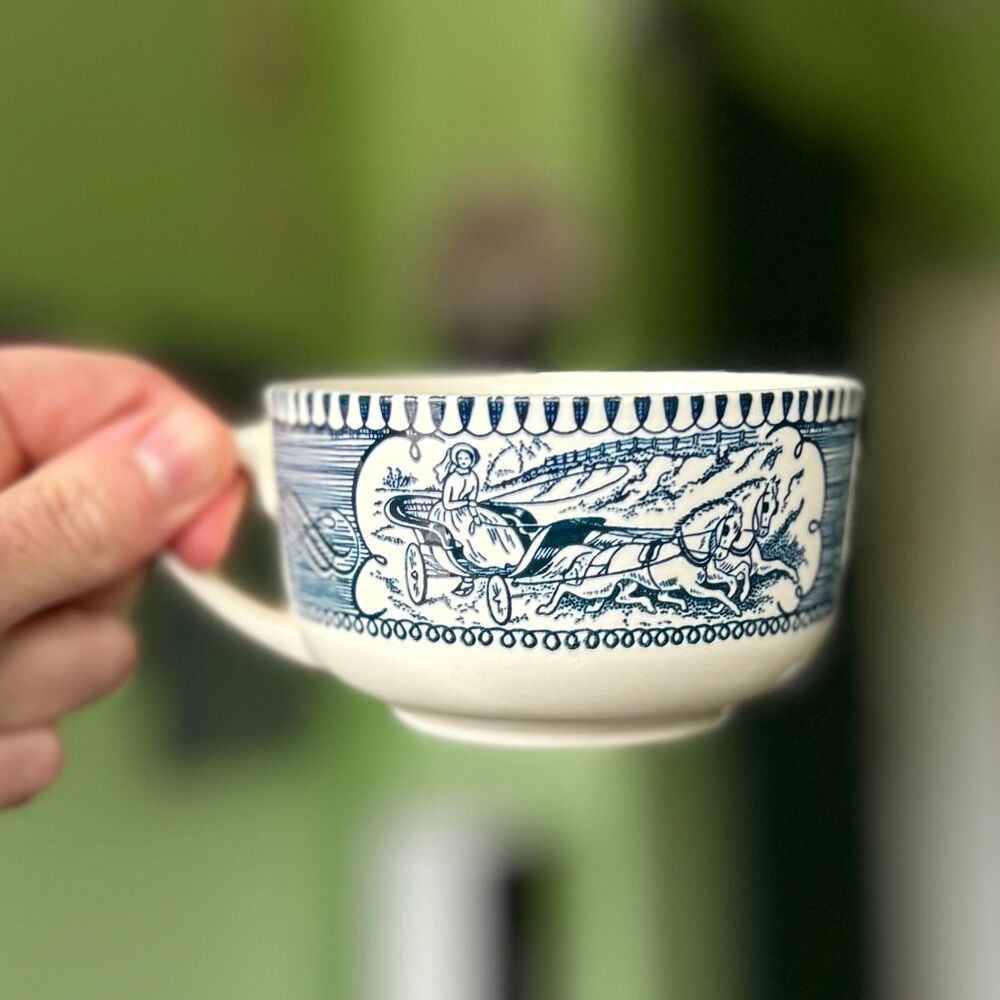 Colonial Stagecoach + Wheat Gathering Blue Pattern Cup + Saucer - Picture 2 of 11